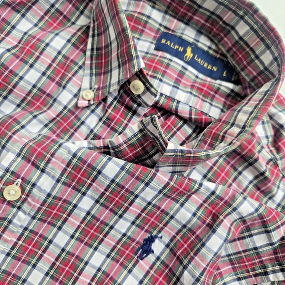 Ralph Lauren Shirt Mens L Red/Green Plaid Long Sleeve Blue‎ pony Button down - Picture 1 of 7